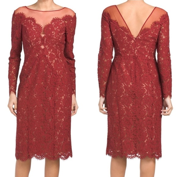 Rene Ruiz Long Sleeve Lace Dress w/ Illusion Detail Burgundy Red Wine sz. 6 - Picture 1 of 14